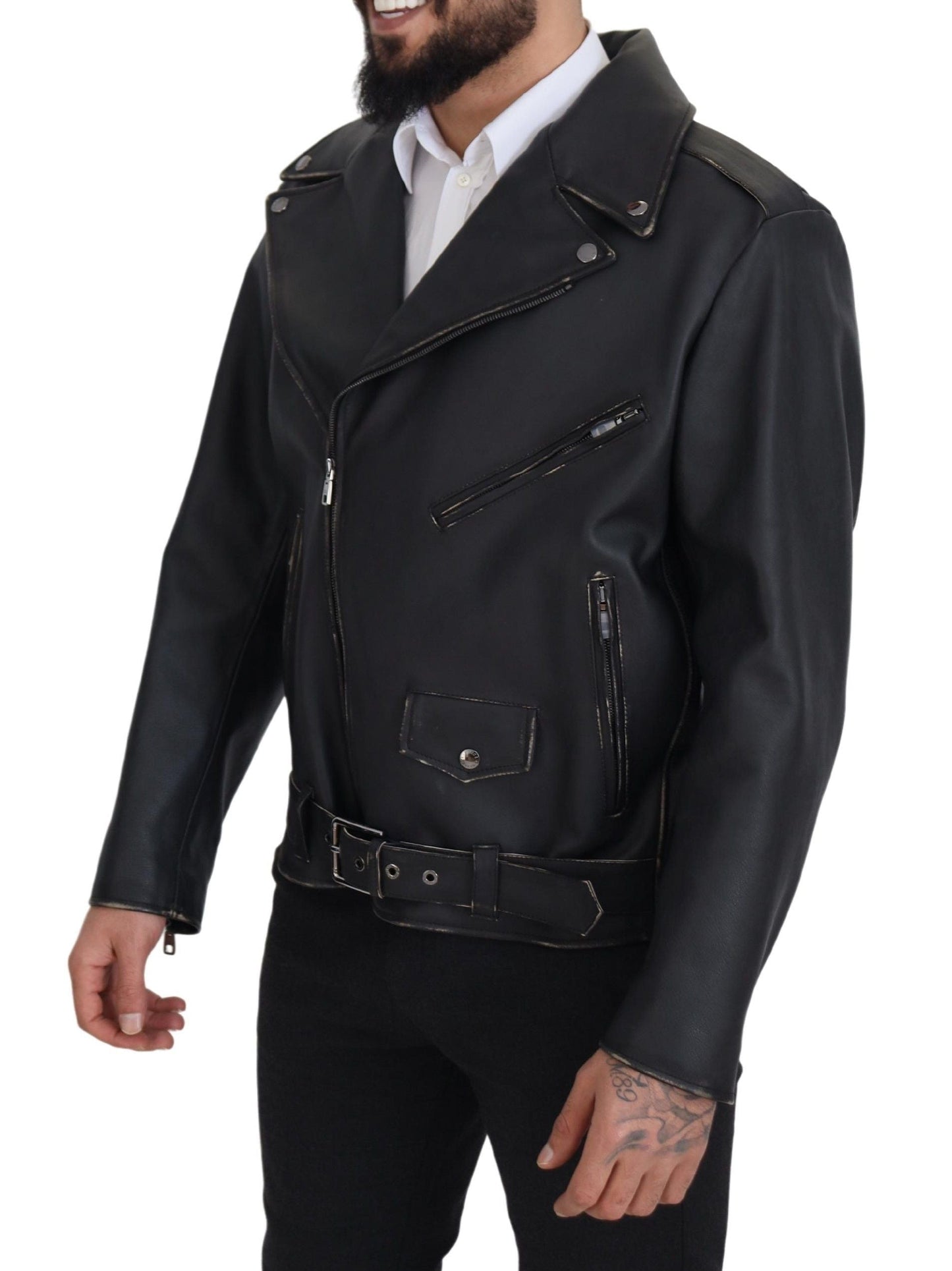 Dolce & Gabbana Black Leather Biker Coat Zipper Men's Jacket