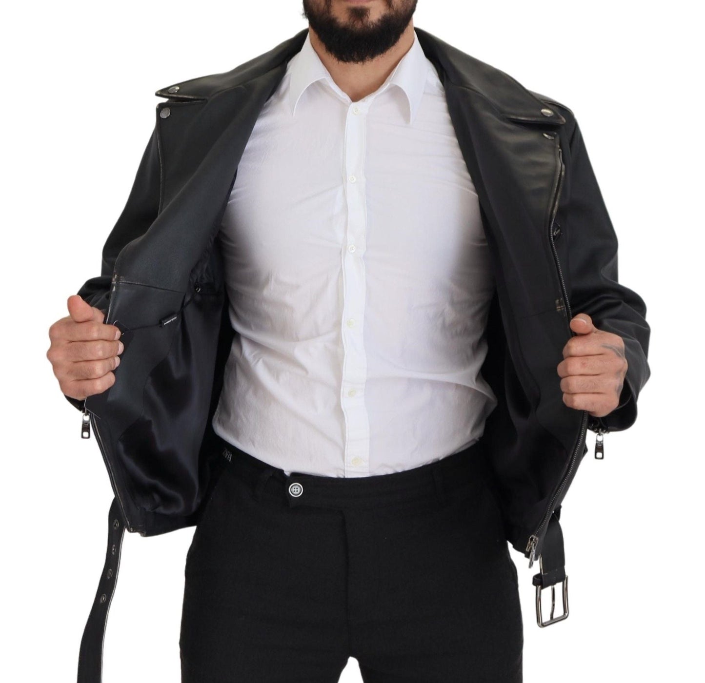 Dolce & Gabbana Black Leather Biker Coat Zipper Men's Jacket