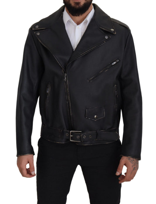 Dolce & Gabbana Black Leather Biker Coat Zipper Men's Jacket