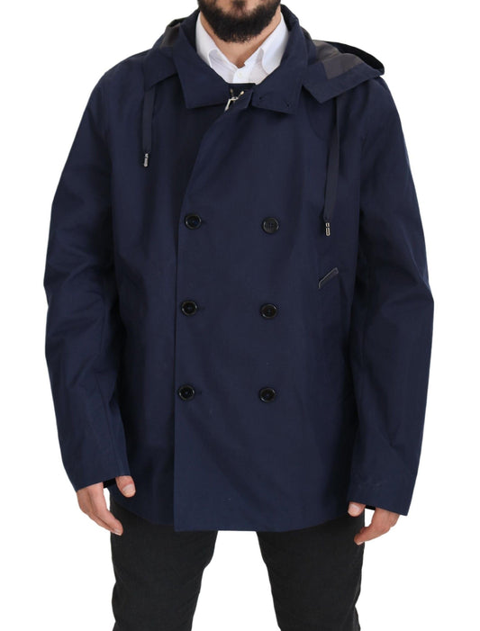 Dolce & Gabbana Blue Hooded Double Breasted Coat Men's Jacket