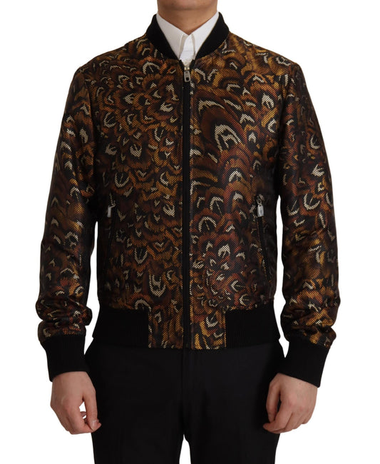 Dolce & Gabbana Brown Feather Full Zip Blouson Men's Jacket