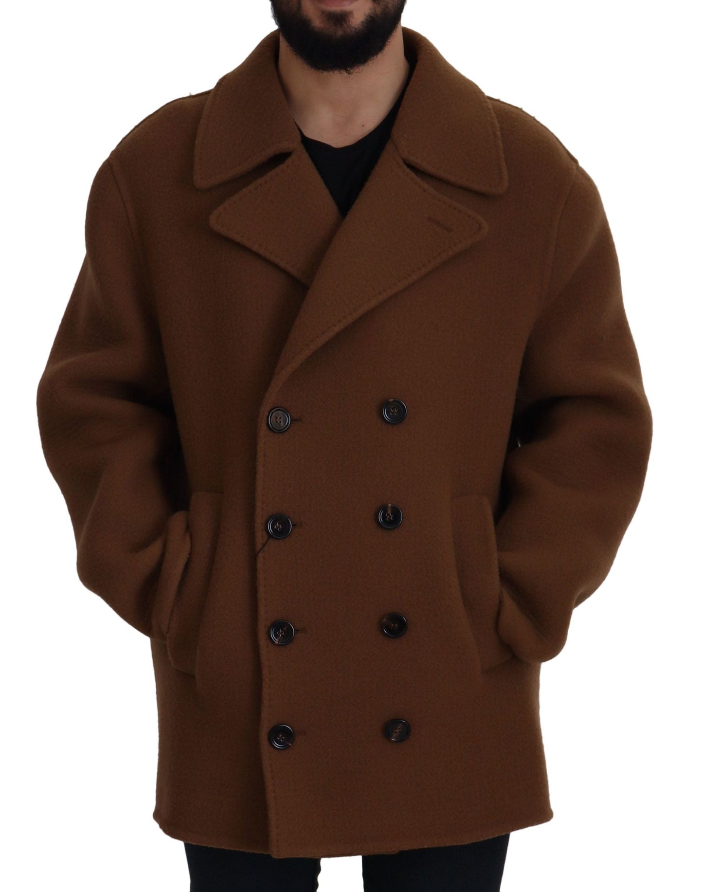 Dolce & Gabbana Brown Nylon Double Breasted Coat Men's Jacket