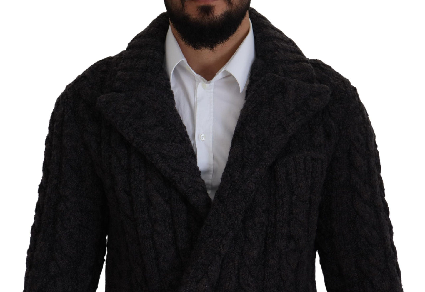 Dolce & Gabbana Black Wool Knit Double Breasted Coat Men's Jacket