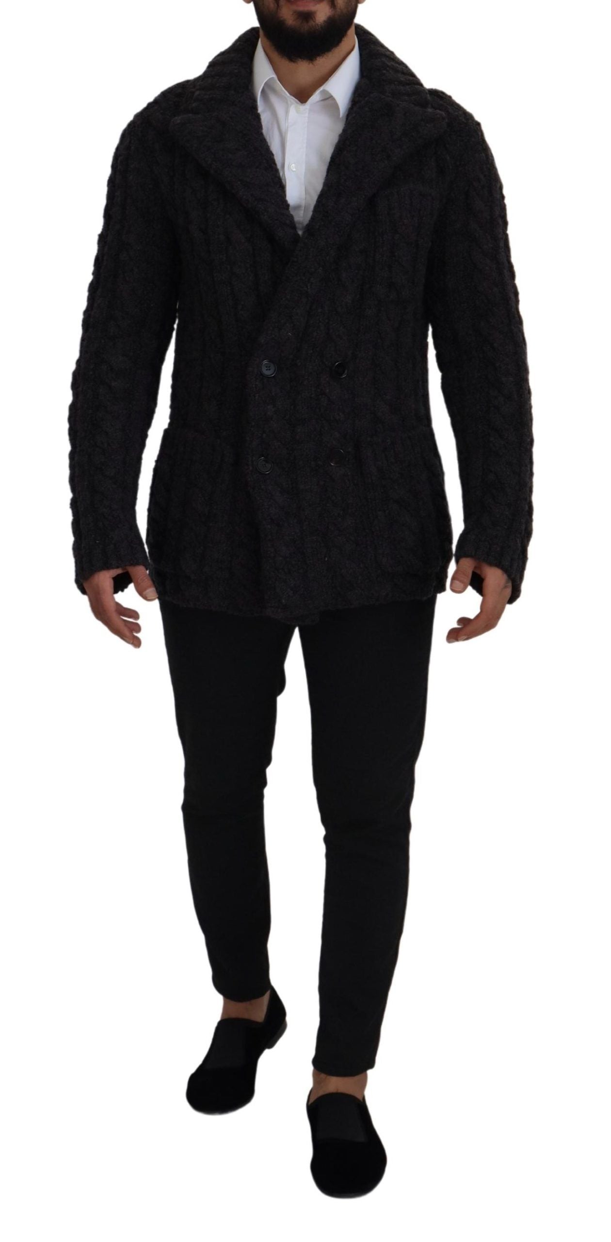 Dolce & Gabbana Black Wool Knit Double Breasted Coat Men's Jacket