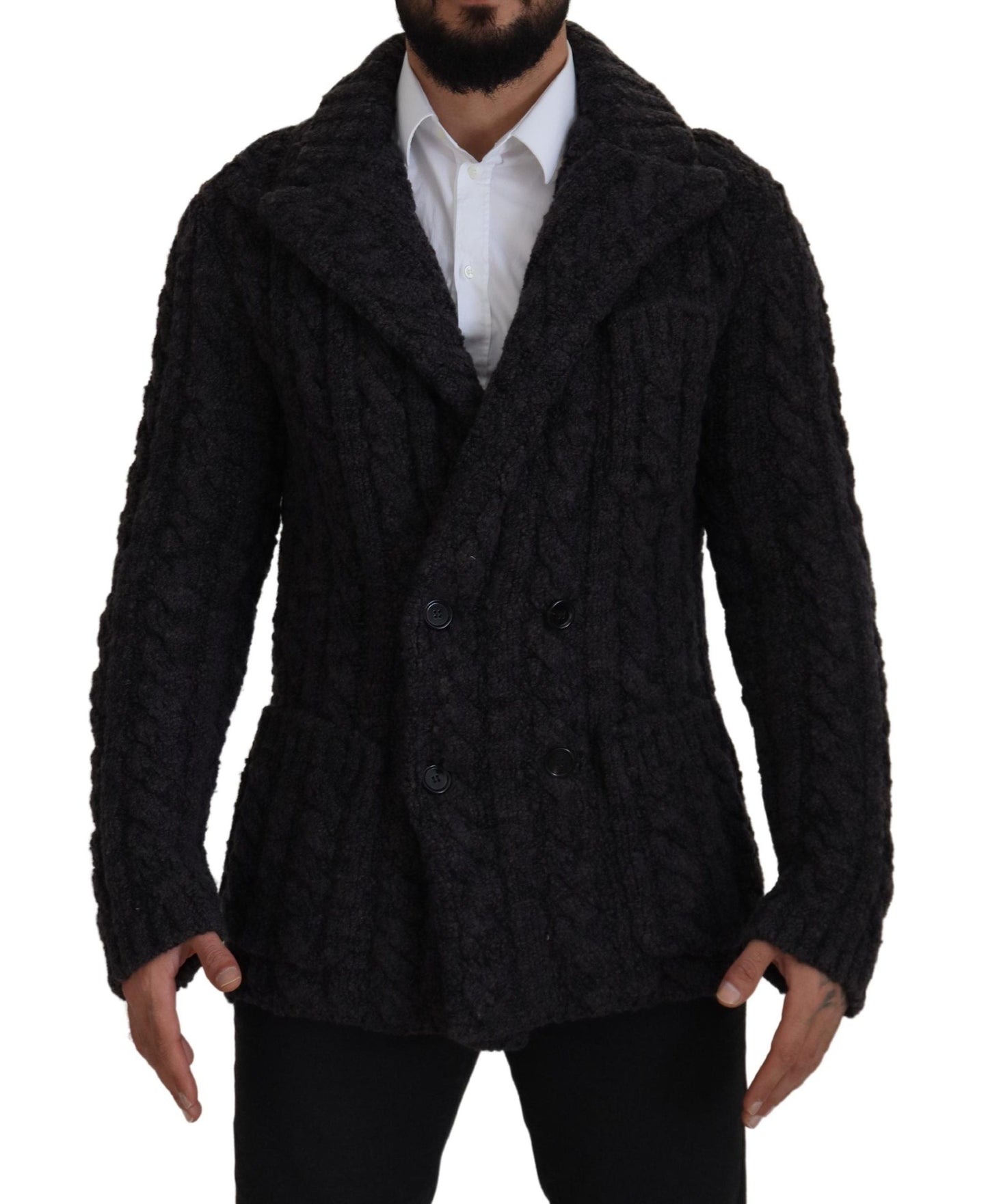 Dolce & Gabbana Black Wool Knit Double Breasted Coat Men's Jacket