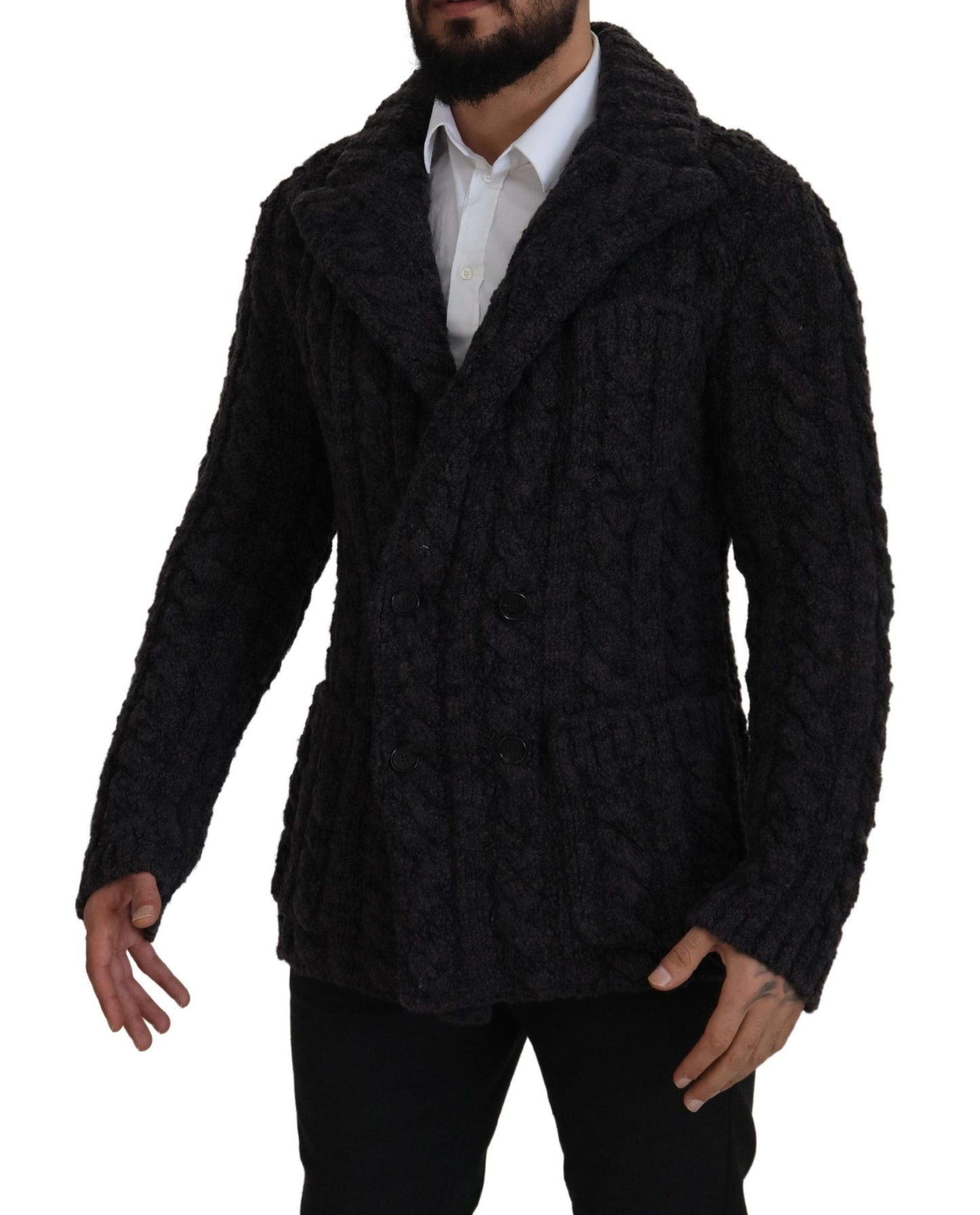 Dolce & Gabbana Black Wool Knit Double Breasted Coat Men's Jacket