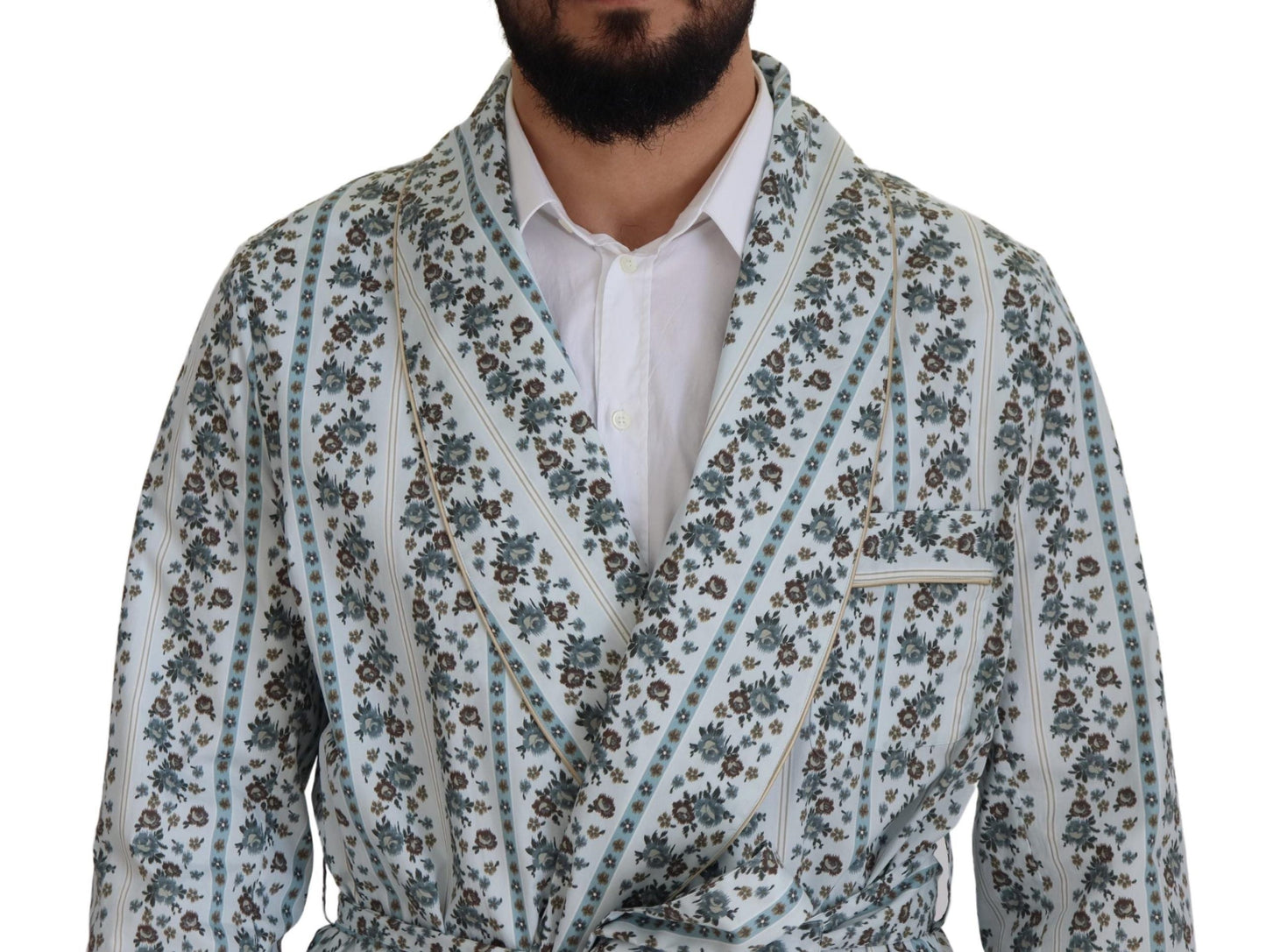 Dolce & Gabbana Blue Floral Cotton Robe Coat Men's Jacket