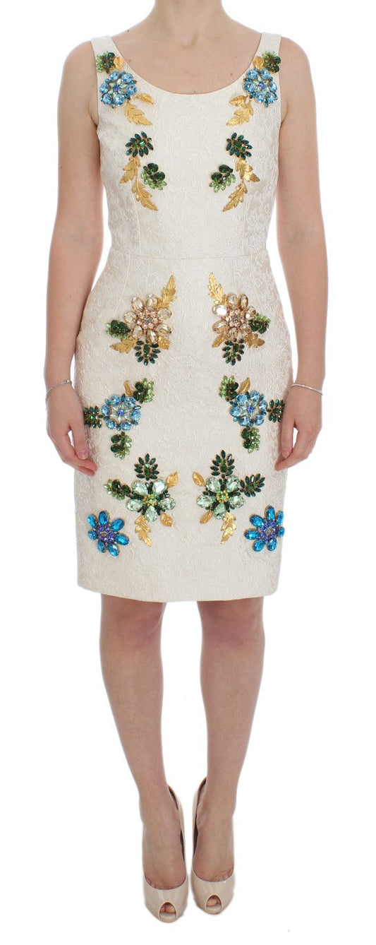 Dolce & Gabbana White Brocade Crystal Sheath Women's Dress