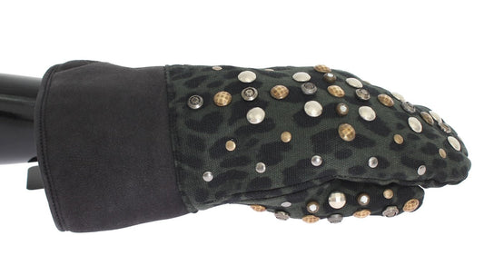 Dolce & Gabbana Gray Wool Shearling Studded Green Leopard Men's Gloves