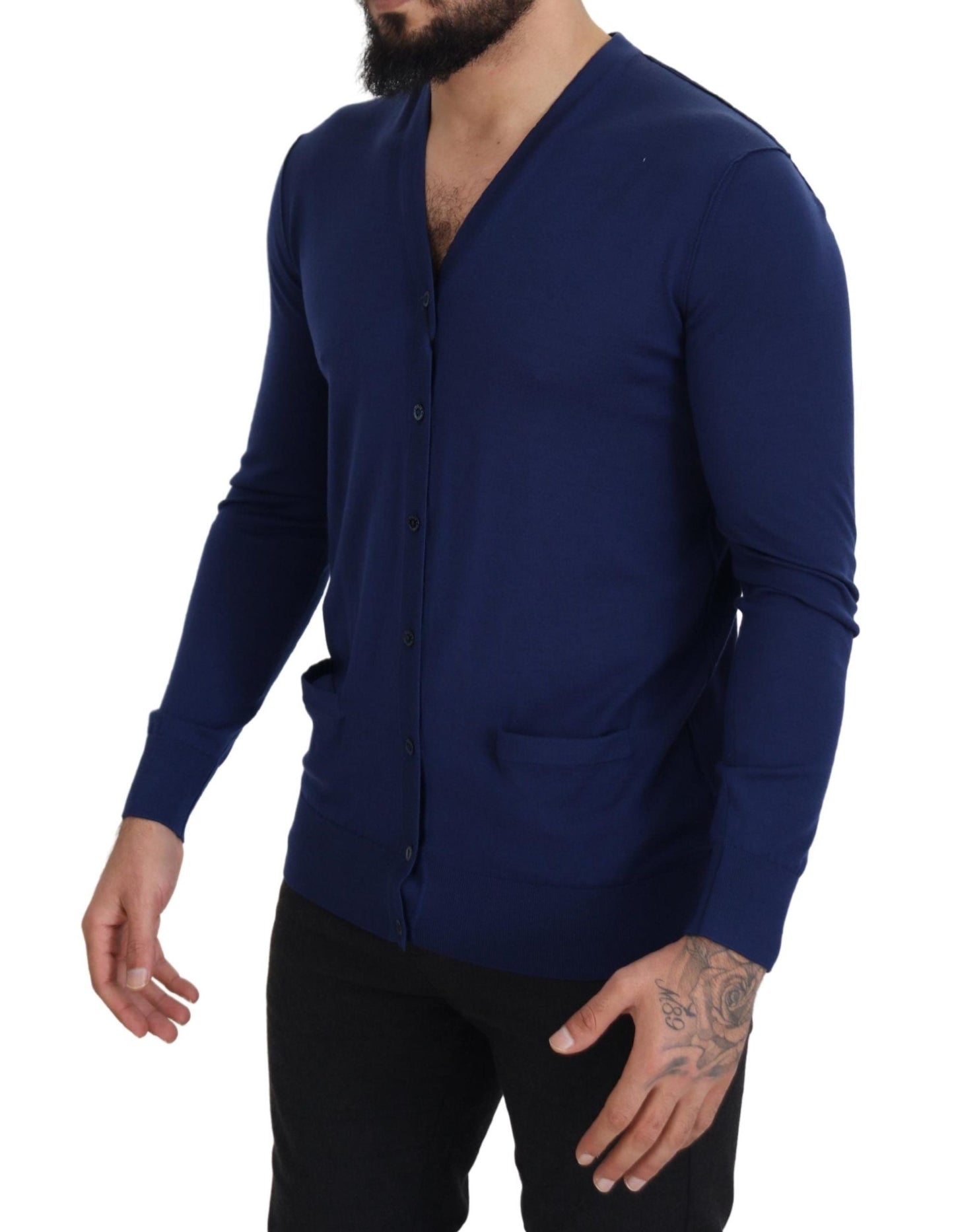Dolce & Gabbana Blue Wool V-neck Button Down Cardigan Men's Sweater