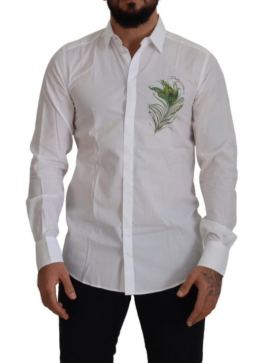 Dolce & Gabbana White Cotton Peacock Feather Formal GOLD Men's Shirt