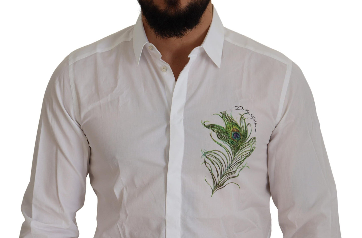 Dolce & Gabbana White Cotton Peacock Feather Formal GOLD Men's Shirt