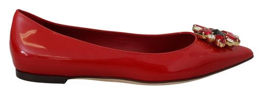 Dolce & Gabbana Red Leather Crystals Loafers Flats Women's Shoes