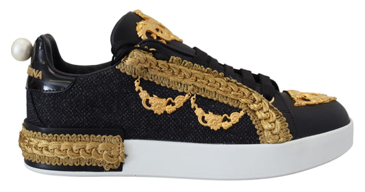 Dolce & Gabbana Black Gold Baroque Portofino Leather Sneakers Women's Shoes (Pre-Owned)