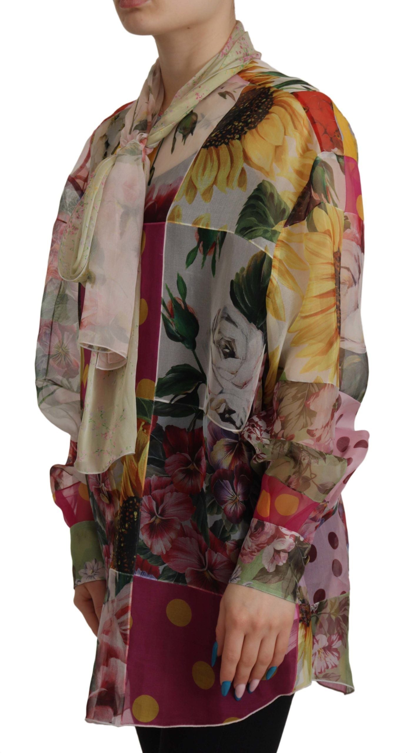 Dolce & Gabbana Multicolor Ascot Collar Patchwork Blouse Women's Top