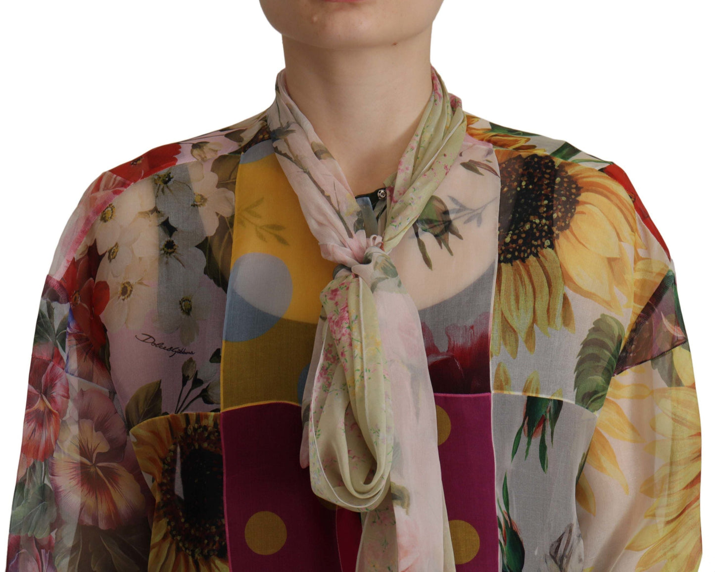 Dolce & Gabbana Multicolor Ascot Collar Patchwork Blouse Women's Top