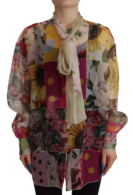 Dolce & Gabbana Multicolor Ascot Collar Patchwork Blouse Women's Top