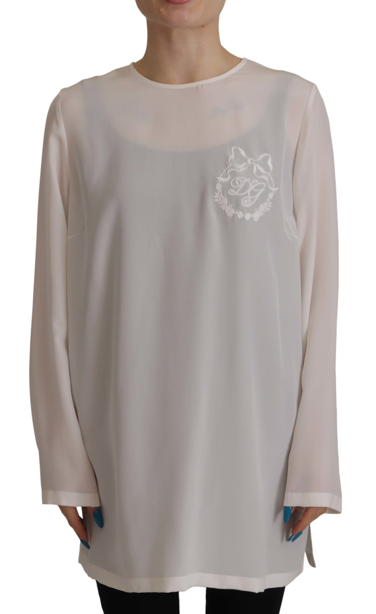 Dolce & Gabbana White Silk DG Logo Embroidered Long Sleeves Women's Blouse