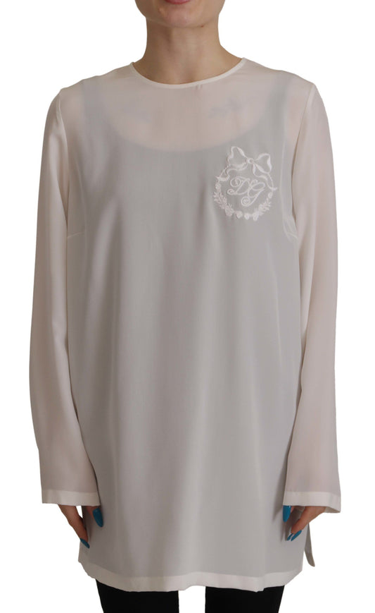 Dolce & Gabbana White Silk DG Logo Embroidered Long Sleeves Women's Blouse