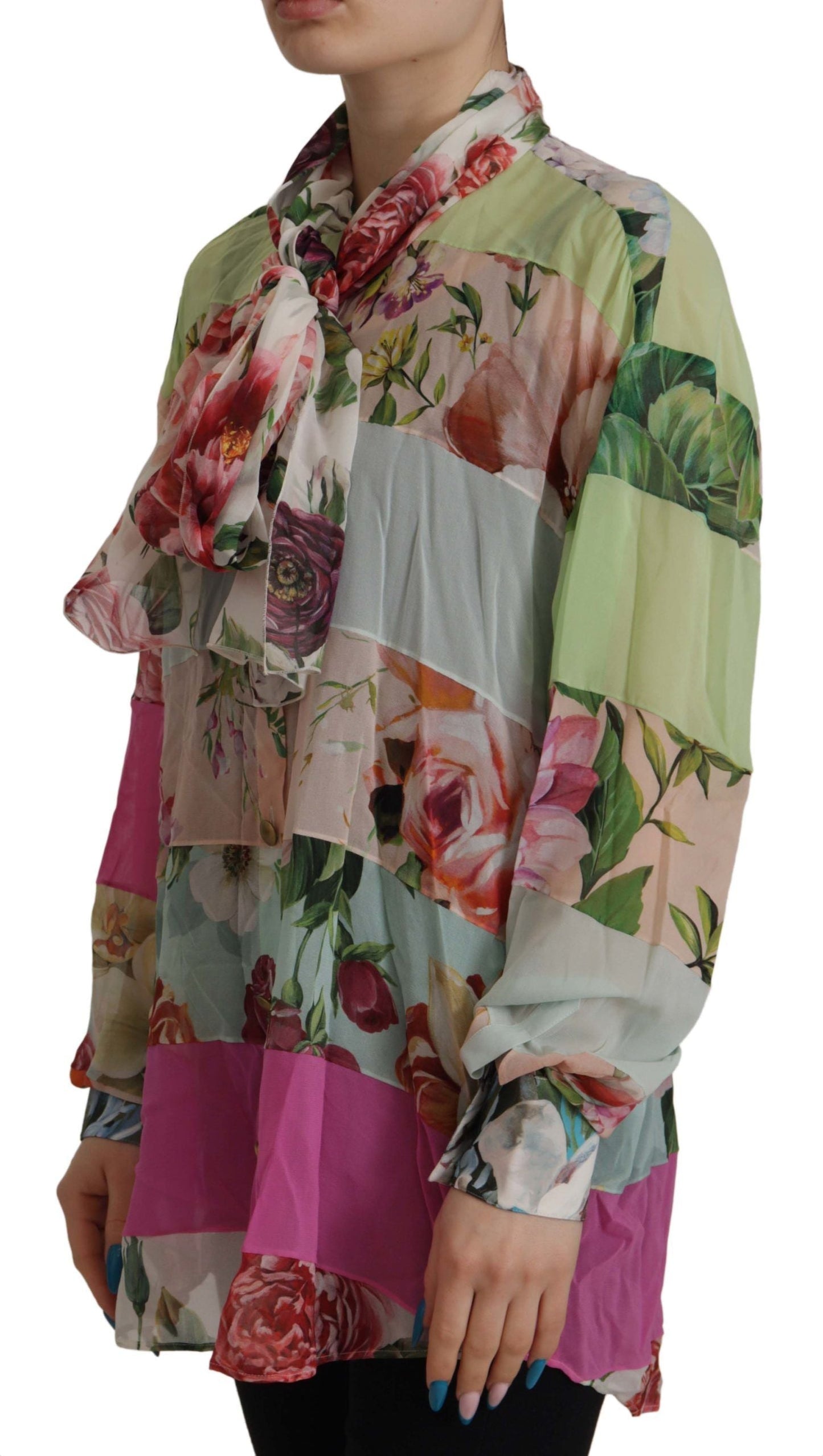 Dolce & Gabbana Multicolor  Floral Patchwork Design Ascot Collar Top Women's Blouse