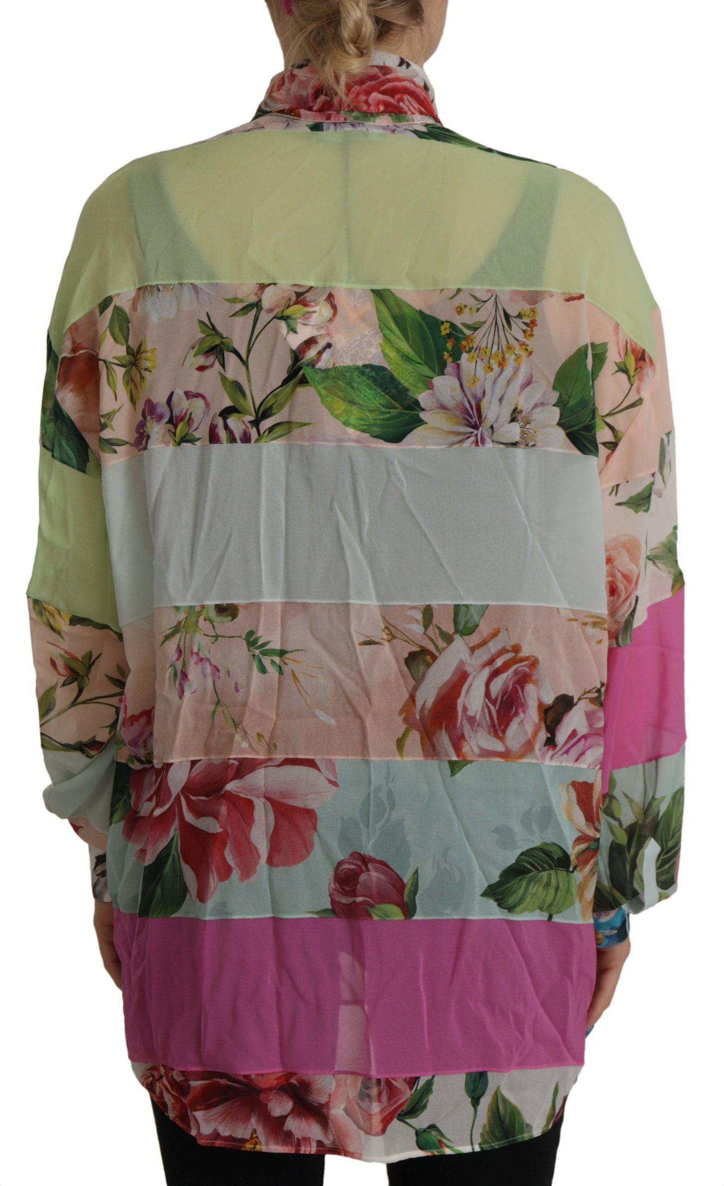 Dolce & Gabbana Multicolor  Floral Patchwork Design Ascot Collar Top Women's Blouse