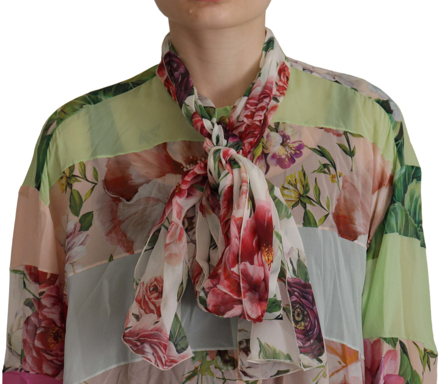 Dolce & Gabbana Multicolor  Floral Patchwork Design Ascot Collar Top Women's Blouse