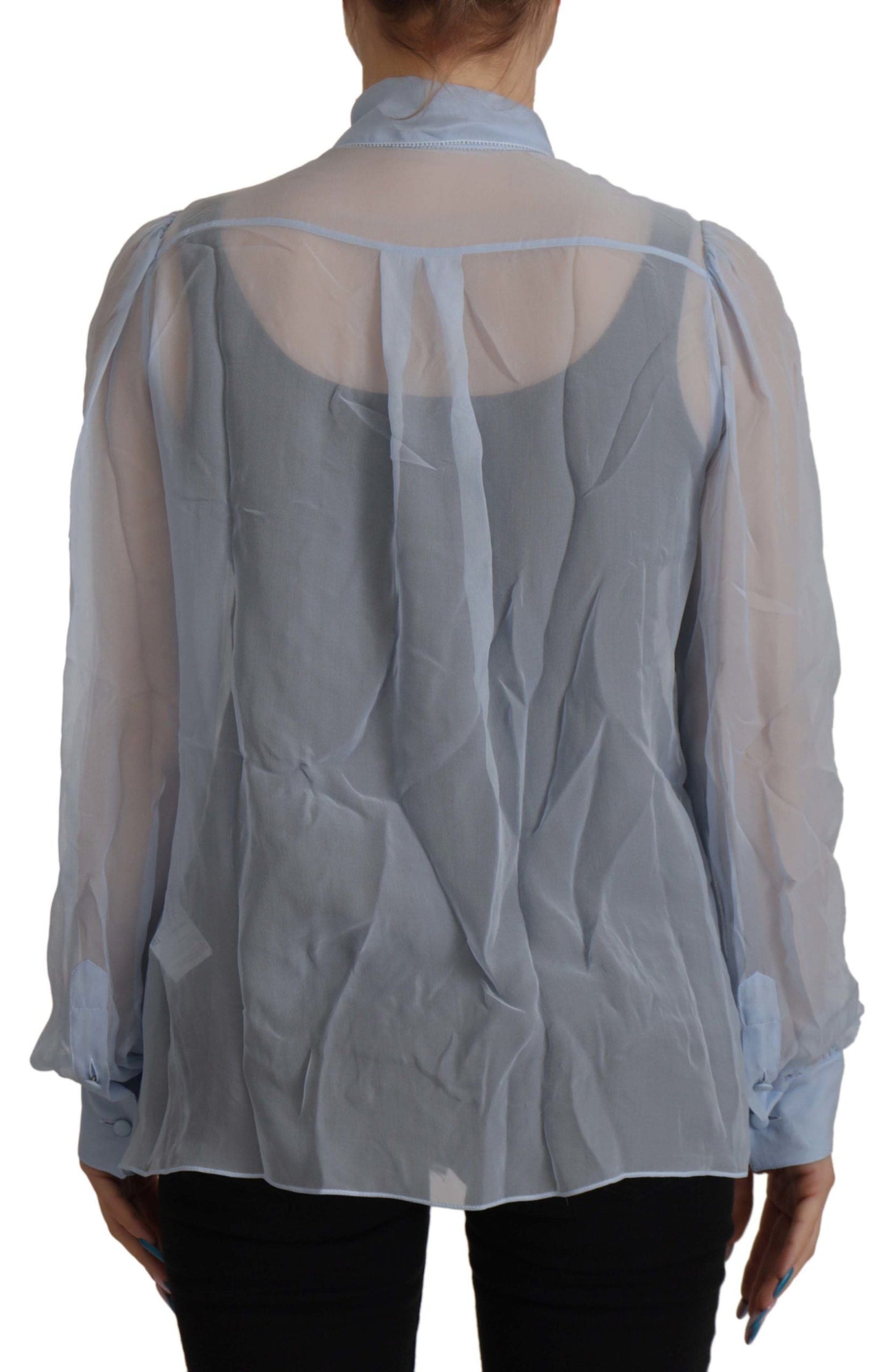 Dolce & Gabbana Light Blue Silk Ascot Collar Long Sleeves Women's Top