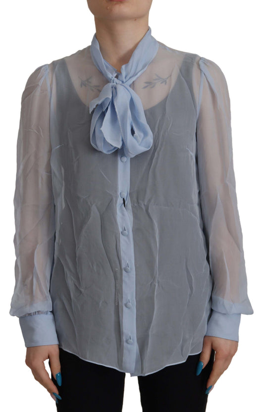 Dolce & Gabbana Light Blue Silk Ascot Collar Long Sleeves Women's Top