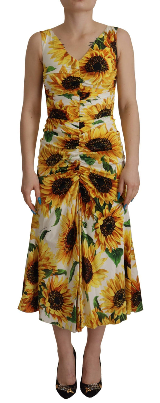 Dolce & Gabbana White Sunflower Print Sheath Midi Women's Silk