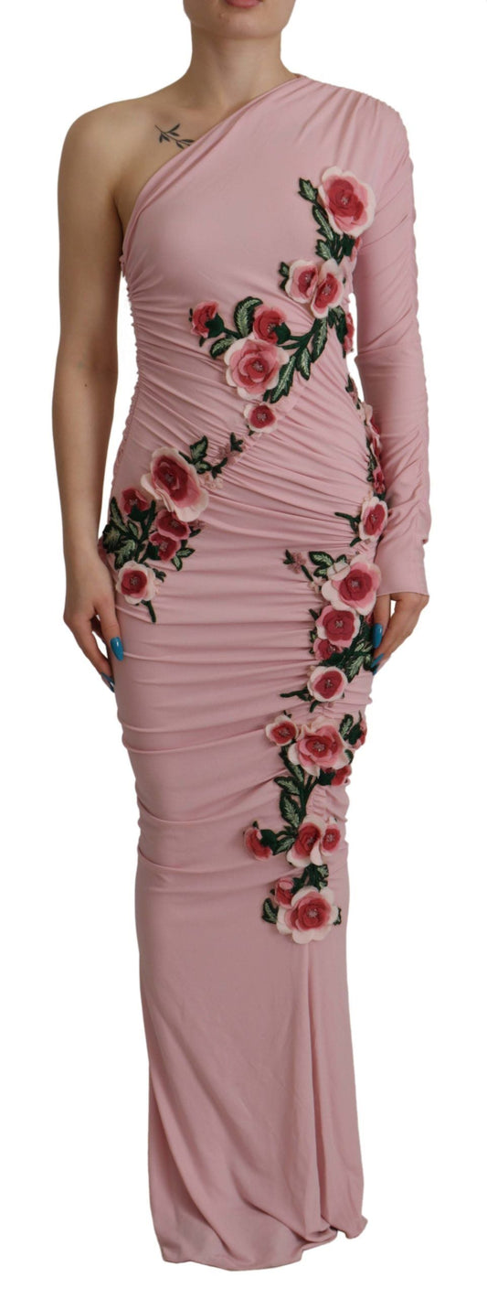 Dolce & Gabbana Pink Flower Embellished One Shoulder Women's Dress