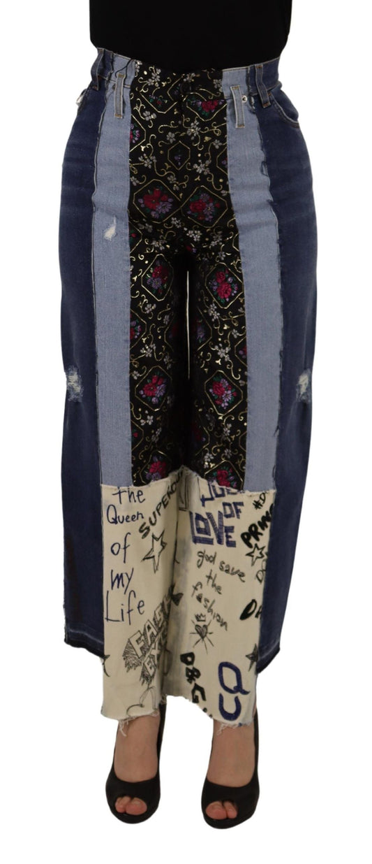 Dolce & Gabbana Multicolor Patchwork DG Fashion Wide Leg Denim Women's Pant