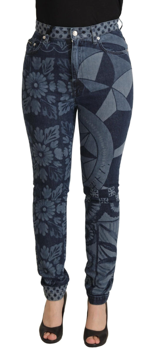 Dolce & Gabbana Blue Floral High Waist Skinny Denim Women's Jeans