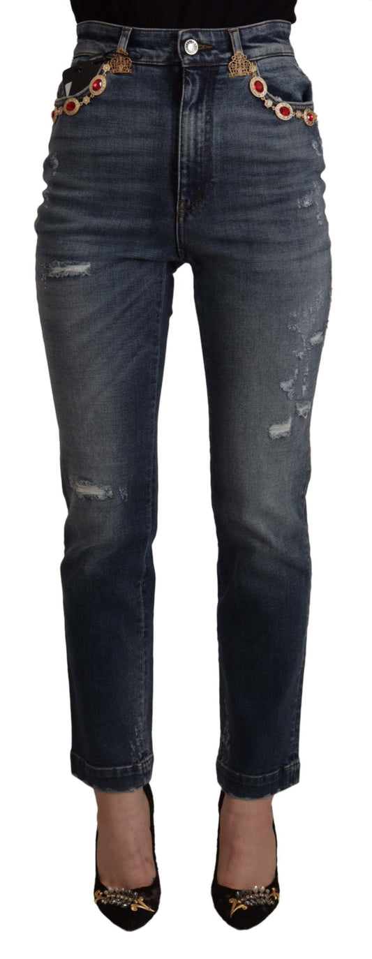 Dolce & Gabbana Blue Denim Crystal Embellished Pants Women's Jeans