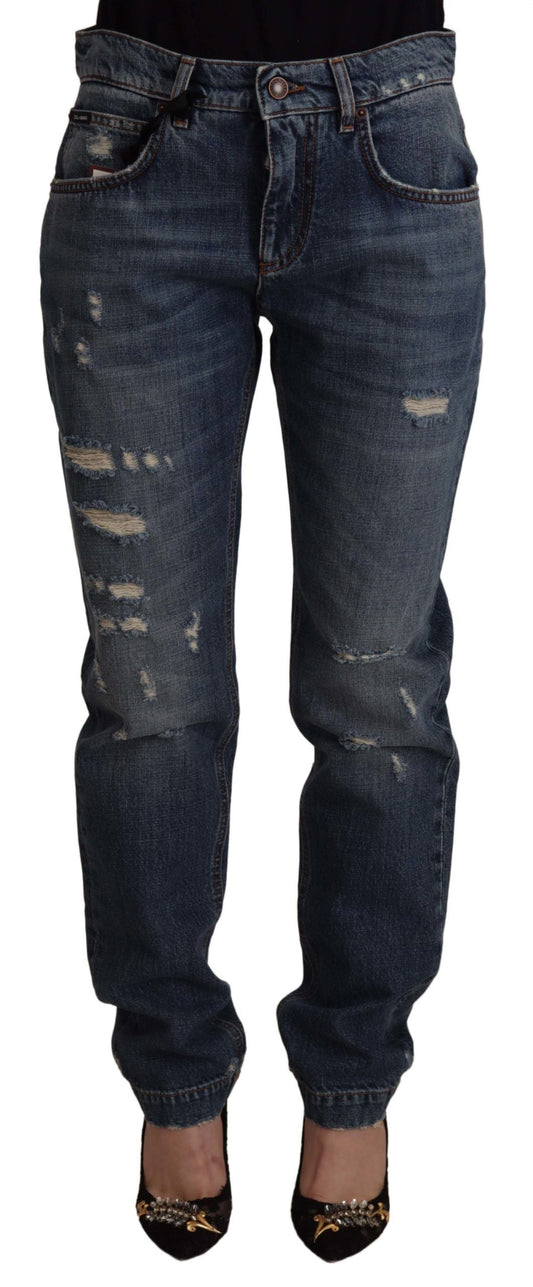Dolce & Gabbana Blue Denim Baroque Heart Logo Patch Pants Women's Jeans