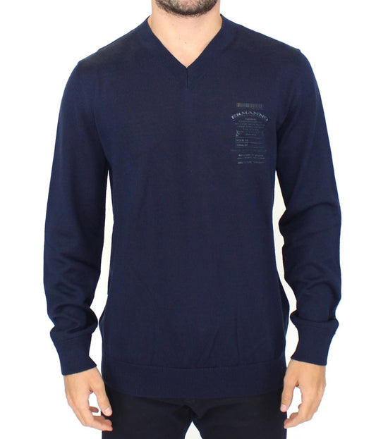 Ermanno Scervino Blue Wool Blend V-neck Pullover Men's Sweater