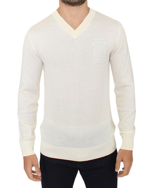 Ermanno Scervino Off White Wool Blend V-neck Pullover Men's Sweater
