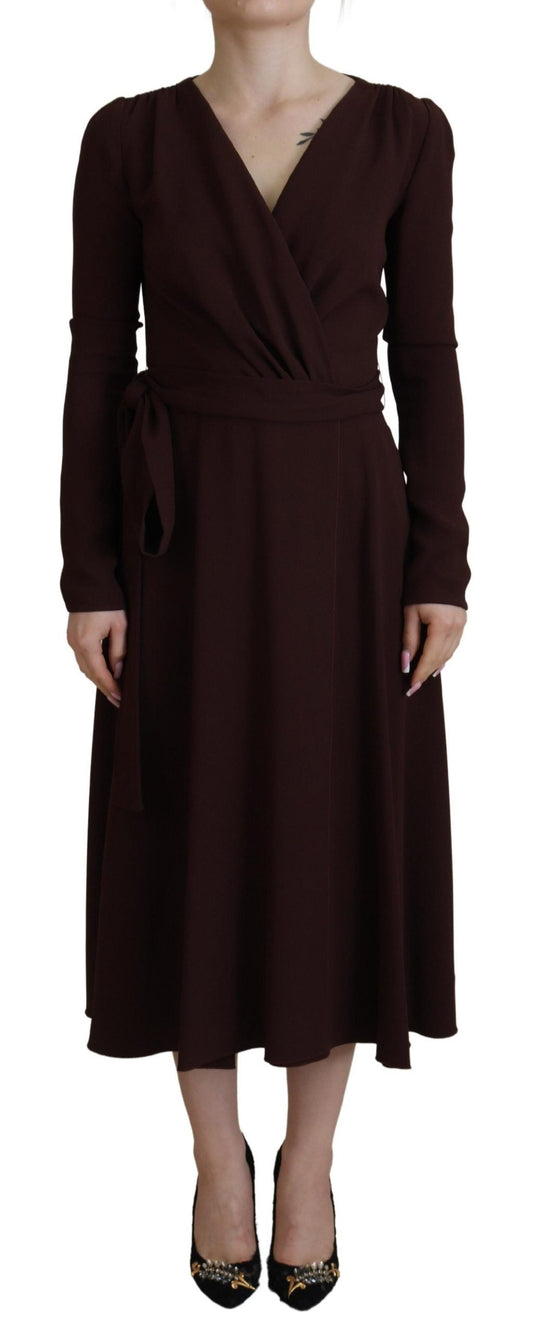 Dolce & Gabbana Brown Wrap Long Sleeve Midi Stretch Women's Dress