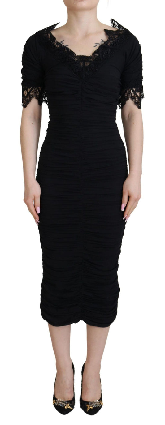 Dolce & Gabbana Black Sheath Midi Bodycon Lace Silk Women's Dress