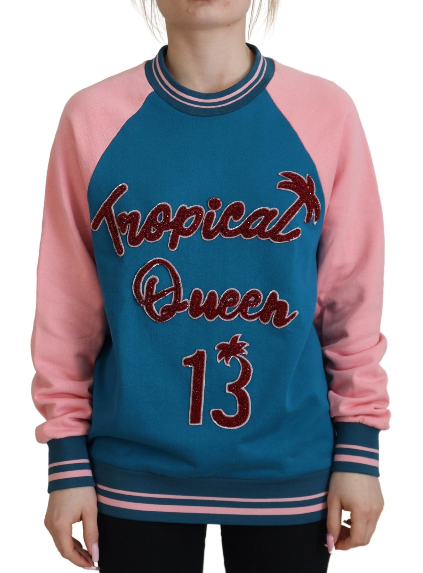 Dolce & Gabbana Blue Pink Queen Sequin Crystal Women's Sweater