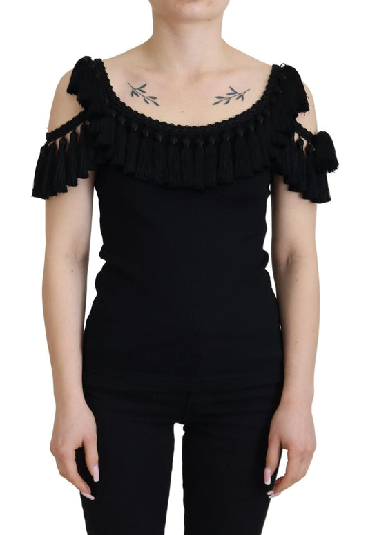 Dolce & Gabbana Black Tank Top Women's Tassle Cotton Women's Blouse