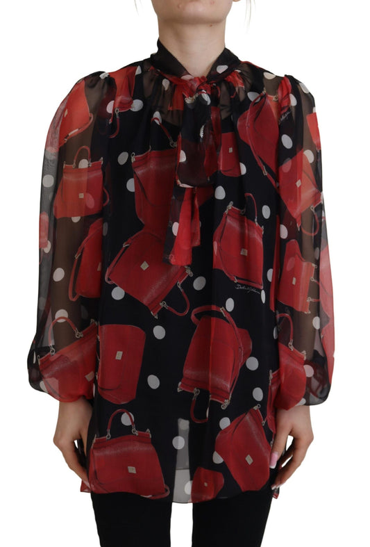 Dolce & Gabbana Black Red Sicily Bag Silk Shirt Top Women's Blouse