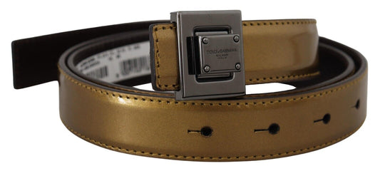 Dolce & Gabbana Gold Leather Silver Square Metal Buckle Men's Belt