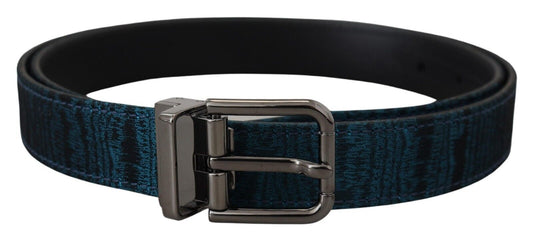Dolce & Gabbana Blue Jacquard Moire Silver Metal Belt Men's Men