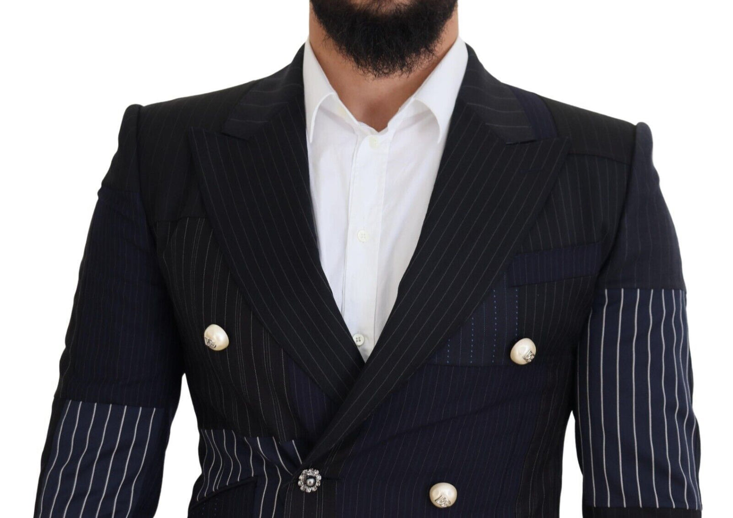 Dolce & Gabbana Blue Wool Patchwork Double Breasted Men's Blazer