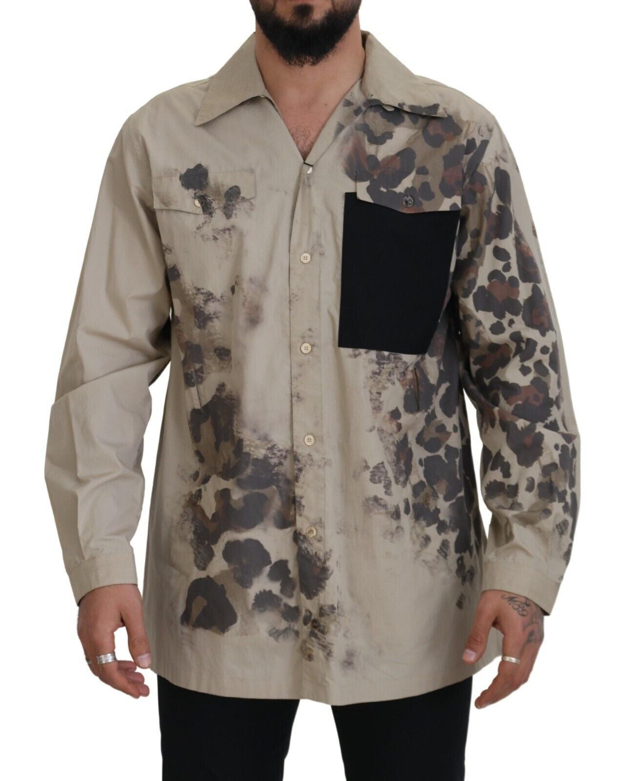 Dolce & Gabbana Beige Camouflage Cotton Long Sleeves Men's Shirt