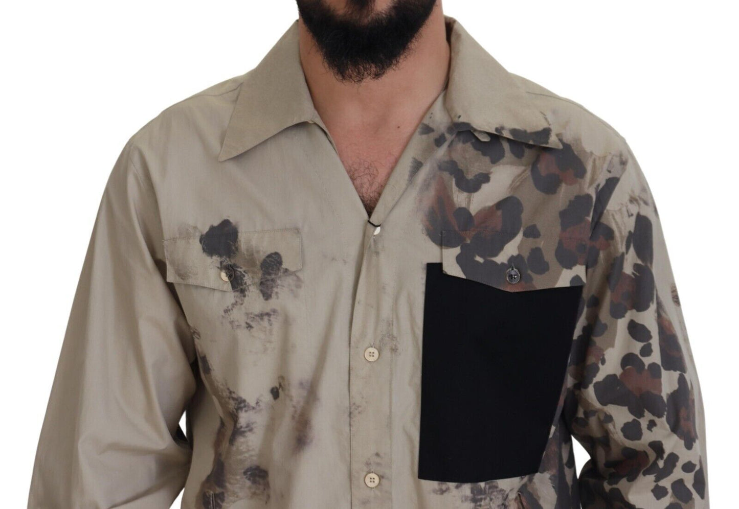 Dolce & Gabbana Beige Camouflage Cotton Long Sleeves Men's Shirt