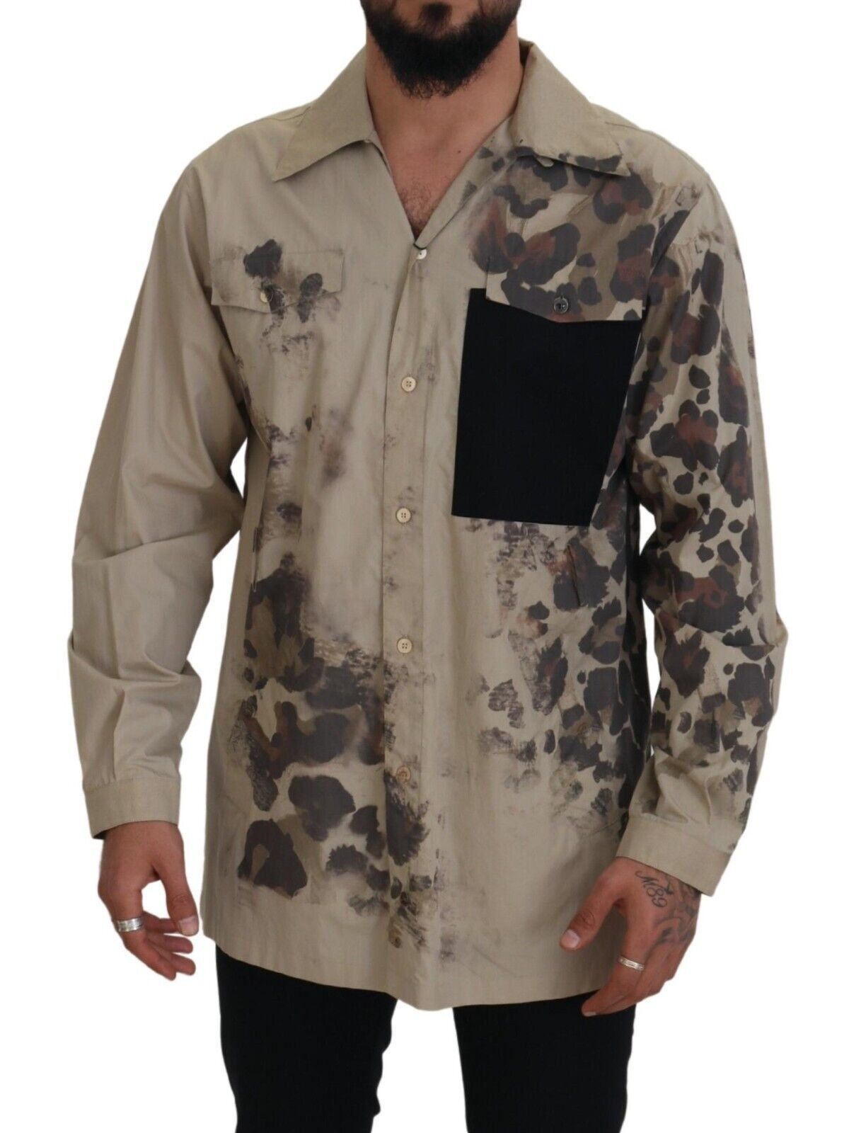 Dolce & Gabbana Beige Camouflage Cotton Long Sleeves Men's Shirt