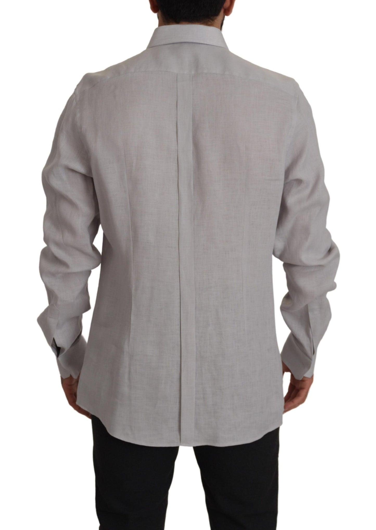 Dolce & Gabbana Gray Linen Long Sleeves Formal GOLD Men's Shirt