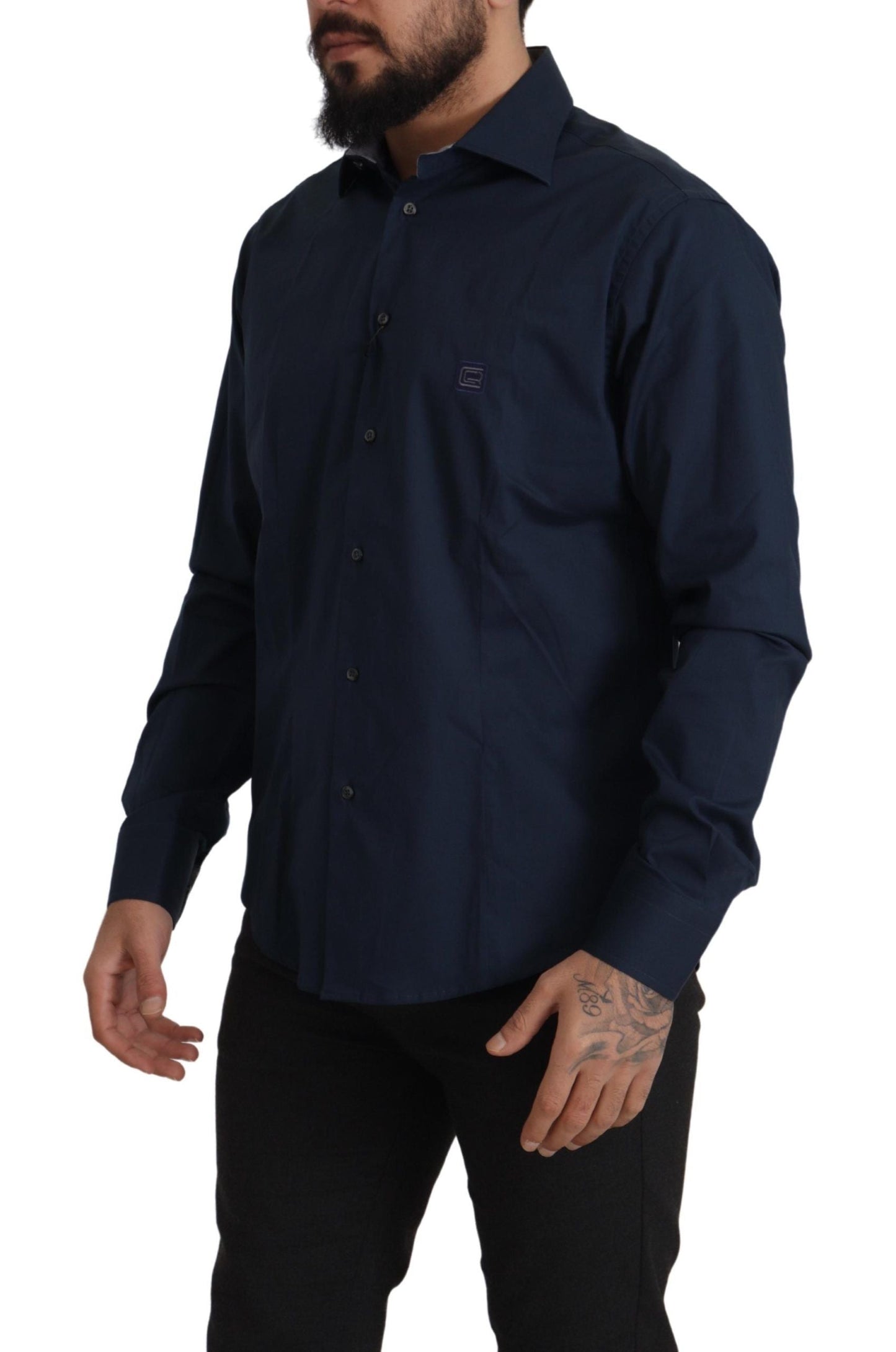 Roberto Cavalli Navy Blue Cotton Dress Formal Men's Shirt