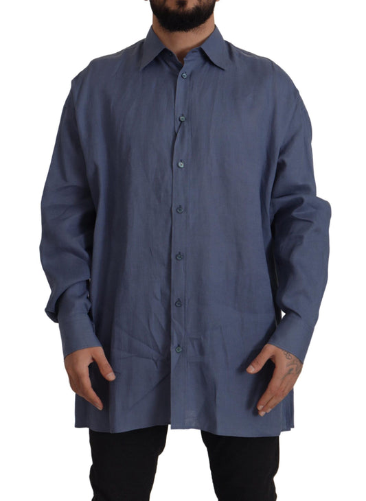 Dolce & Gabbana Dark Blue Linen Slim Fit Dress Formal Men Men's Shirt
